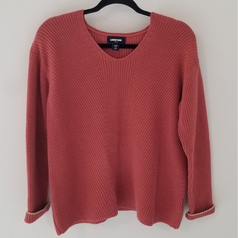Land's End Knit V-Neck Dark Pink Sweater Size S/P